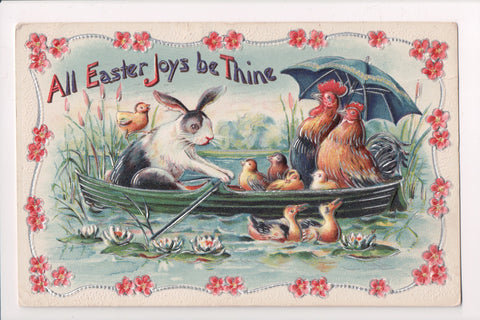 Easter - humanized rabbit rowing, Rooster and hen under umbrella - C17785