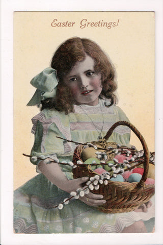 Easter - Girl with necklace, basket of eggs and pussy willows postcard - CP0727