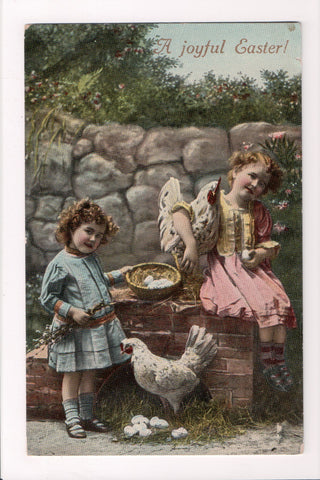 Easter - girls with curly hair near hens and eggs postcard - CP0728