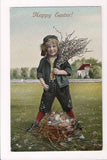 Easter - boy holding a bunch of pussy willows, eggs at feet - CP0729
