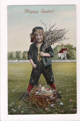 Easter - boy holding a bunch of pussy willows, eggs at feet - CP0729