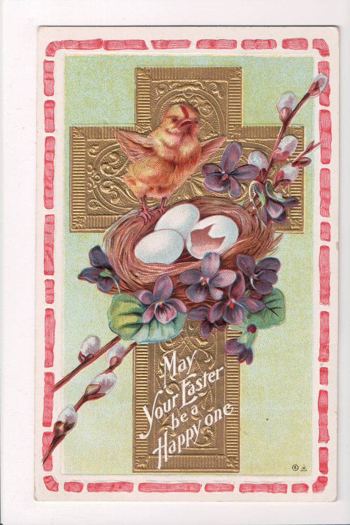 Easter - Chick near nest with cracked egg, gold cross - Nash postcard - D05378
