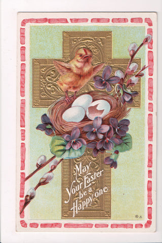Easter - Chick near nest with cracked egg, gold cross - Nash postcard - D05378