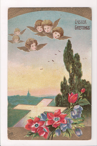 Easter - 6 angel heads with golden wings over a cross postcard - E03064