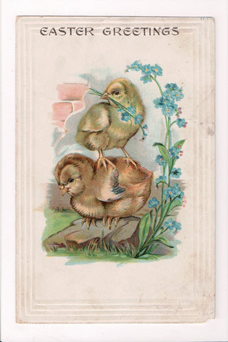 Easter - chick standing on another ones back with flower in mouth - E03065
