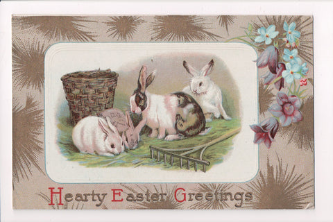 Easter - 4 rabbits near wooden rake and basket postcard - E03077