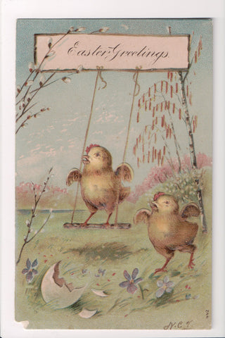Easter - Anthropomorphic, fantasy, chicks on swing postcard - E09101