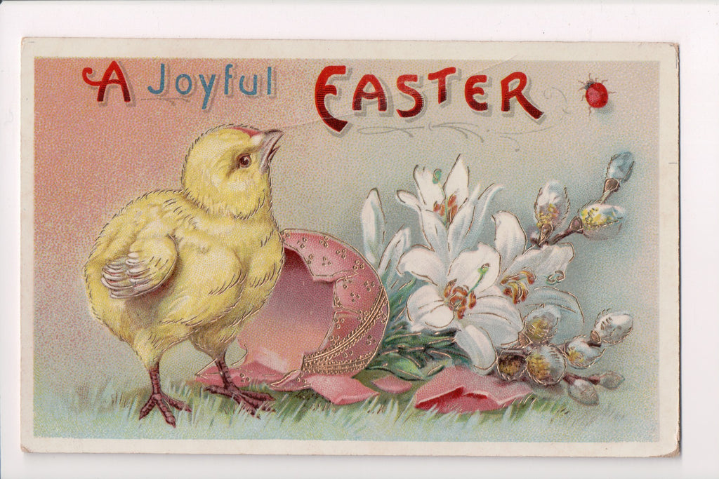 Easter - Chick just out of pink egg, Lady Bug, gilt postcard - E10338