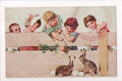 Easter - bunny rabbits with eggs, kids, R R Wichera signed postcard - E10437
