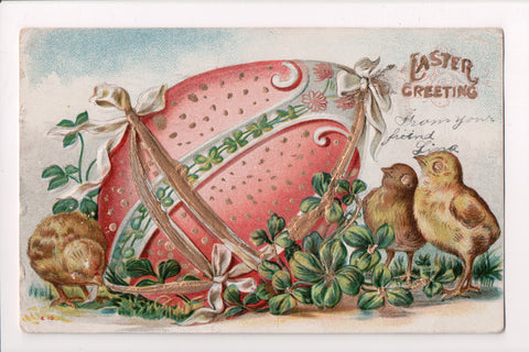 Easter - large pink egg with decorations, chicks postcard - F03104