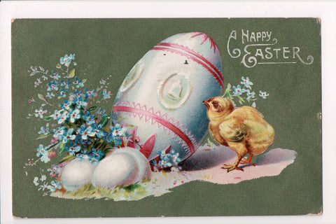 Easter - Chick near a large decorated egg, forget me nots postcard - F03107