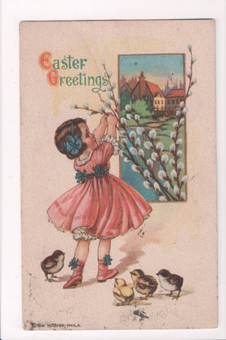 Easter - girl in pink dress with chicks and pussy willows - Hoover card - I04179