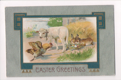 Easter - Lamb, hen and rabbits tending eggs, Winsch Back postcard - J04045