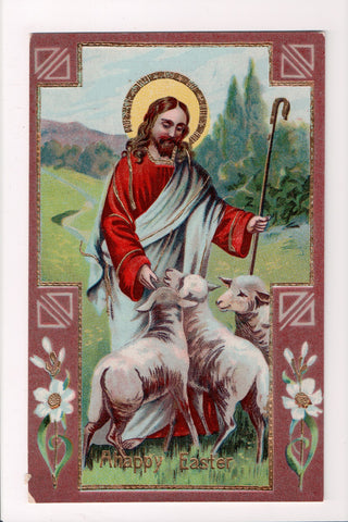 Easter - Jesus with halo and staff, sheep, gold embellishment postcard - JJ0673