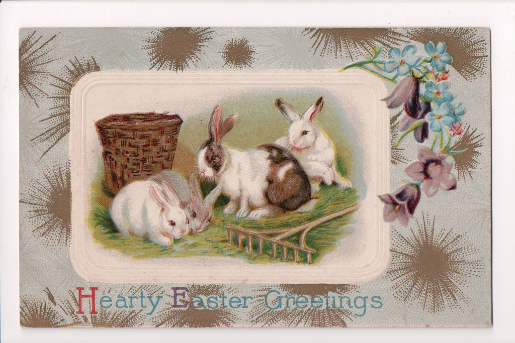 Easter - 4 rabbits near wooden rake and basket postcard - SL2050