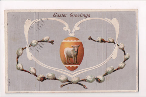 Easter - Gold Egg with lamb inside, pussy willows postcard - SL2051