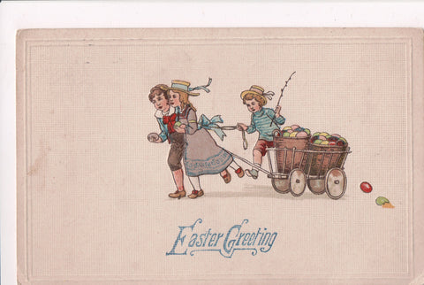Easter - kids pulling a cart with baskets of eggs postcard - SL2065