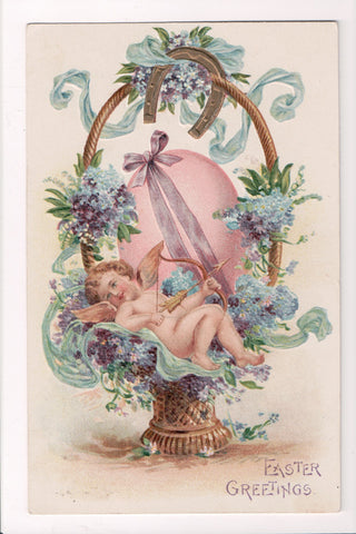 Easter - bare angel laying in a basket with bow and arrow, big egg - SL2181