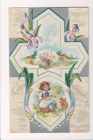 Easter - girl with a squirrel, purple irises, cross postcard - w00077