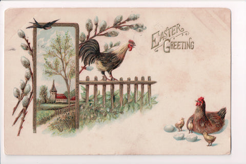 Easter - Hen with chicks and rooster on wooden fence postcard - w00151