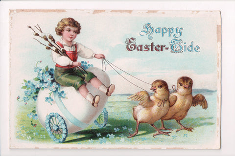 Easter - boy riding a Egg cart being pulled by 2 chicks postcard - w00177
