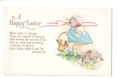 Easter - Girl with basket of eggs, bunny rabbit running towards her - w02065