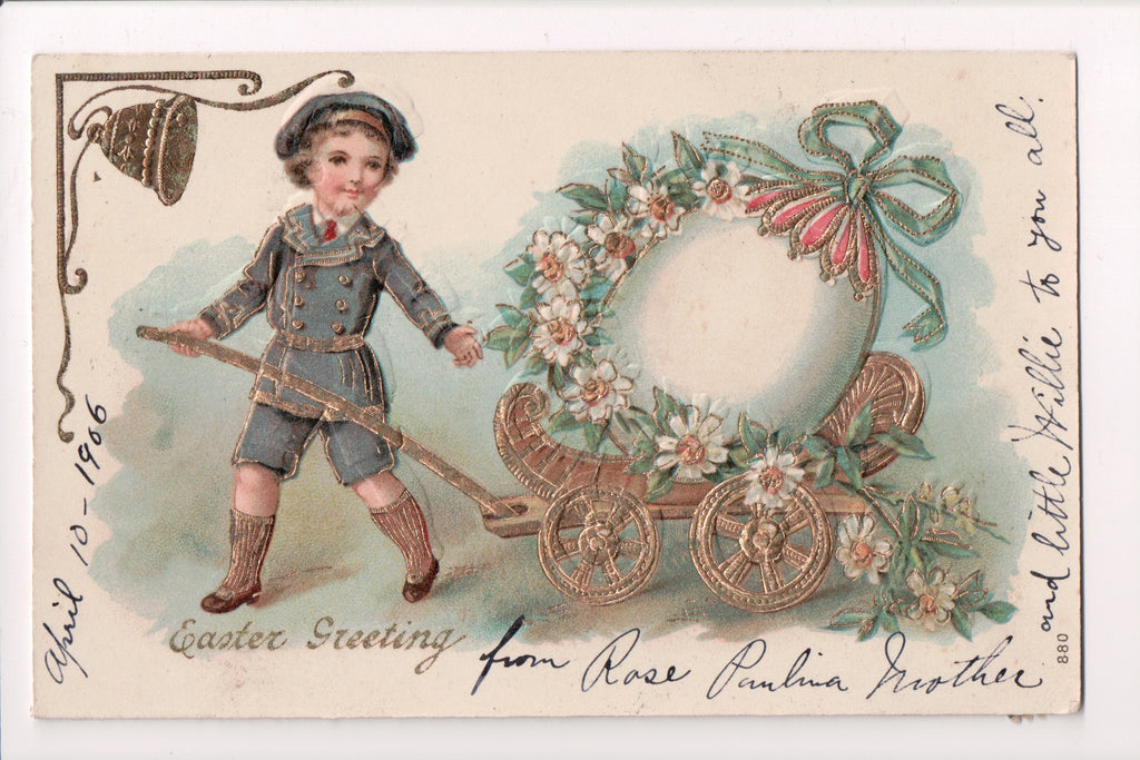 Easter - young boy pulling cart with large egg, gold embellishment - w02104