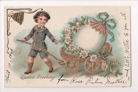 Easter - young boy pulling cart with large egg, gold embellishment - w02104