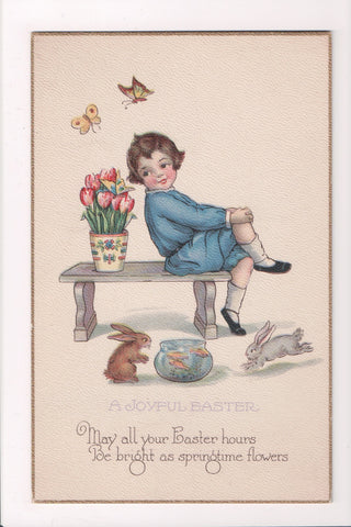 Easter - Butterflies, child, fish bowl, bunnies, tulips on postcard - w02302