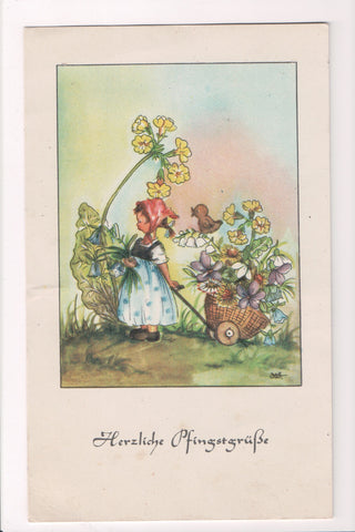 Easter - Herzliche Pfingstgrufse, girl with cart of flowers, artist signed - w02