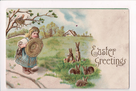 Easter - Girl looking at group of bunny rabbits - gold gilt postcard - w03670