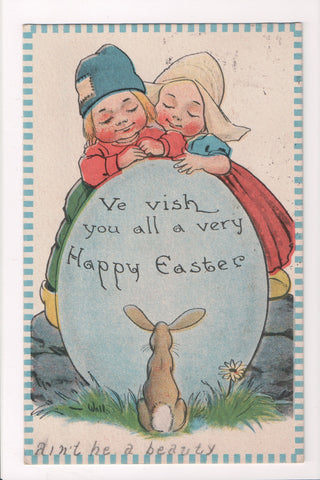 Easter - Dutch kids, rabbit, large egg - C S 416 on postcard - w03954
