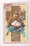 Easter - Chicks near nest with cracked egg, gold cross - Nash postcard - w04558