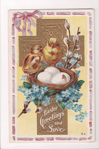 Easter - Chicks near nest with cracked egg, gold cross - Nash postcard - w04558