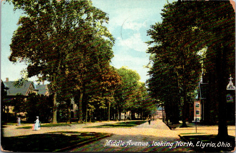 OH, Elyria - Middle Ave, people, houses - 1909 postcard - F03011
