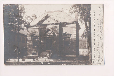 VT, SPRINGFIELD - Spafford Library - RPPC 1906 postcard - F09001