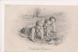Easter - 3 little kids on hands and knees looking at ducklings postcard - F09243