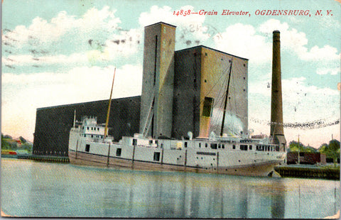 NY, OGDENSBURG - Grain Elevator, boat at dock - 1907 postcard - F17354