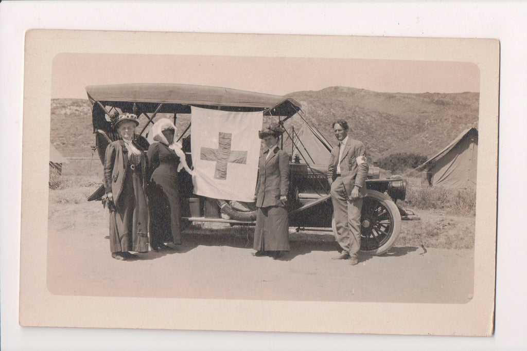 Military Postcard - Red Cross flag on spoked wheeled car, people RPPC - FF0011