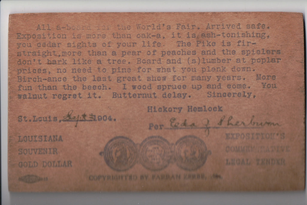 Fair / Exposition postcard - St Louis Exposition Commemorative Legal Tender post