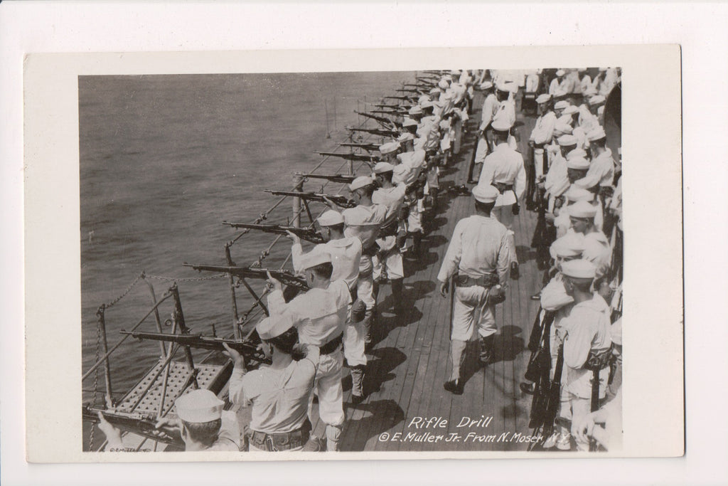 Military Postcard - Rifle - Drill of navy men shooting RPPC - FF0033