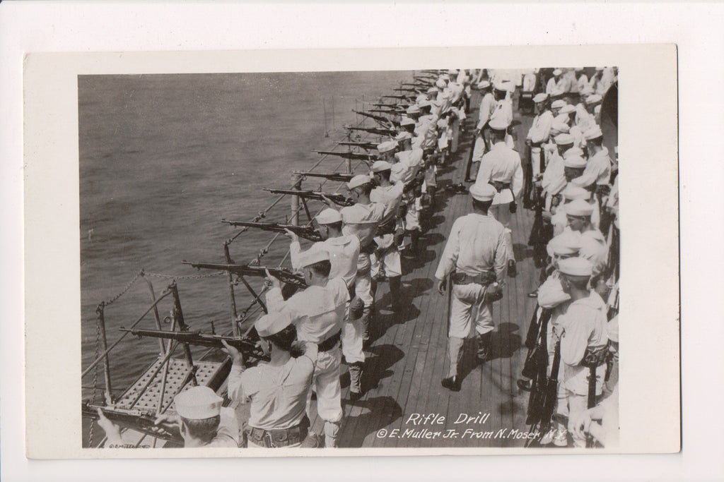 Military Postcard - Rifle Drill of navy men shooting RPPC - FF0033