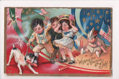 4th of July -  Young kids, dog with firework in mouth - @1911 postcard - E10271