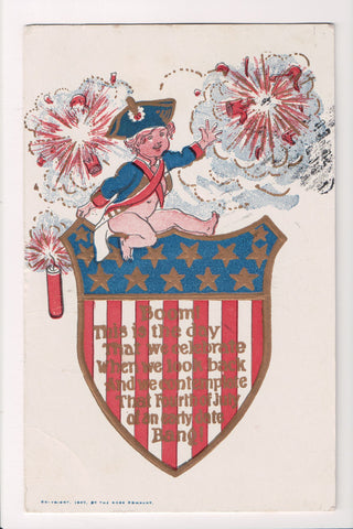 4th of July -  bare butted kid with hat and jacket sitting on shield - E10272