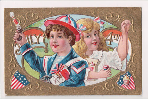 4th of July / July 4th - boy and girl celebrating - postcard - T00190