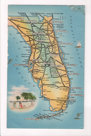 FL, Florida State Map - roads, city, town names - linen postcard - w00085