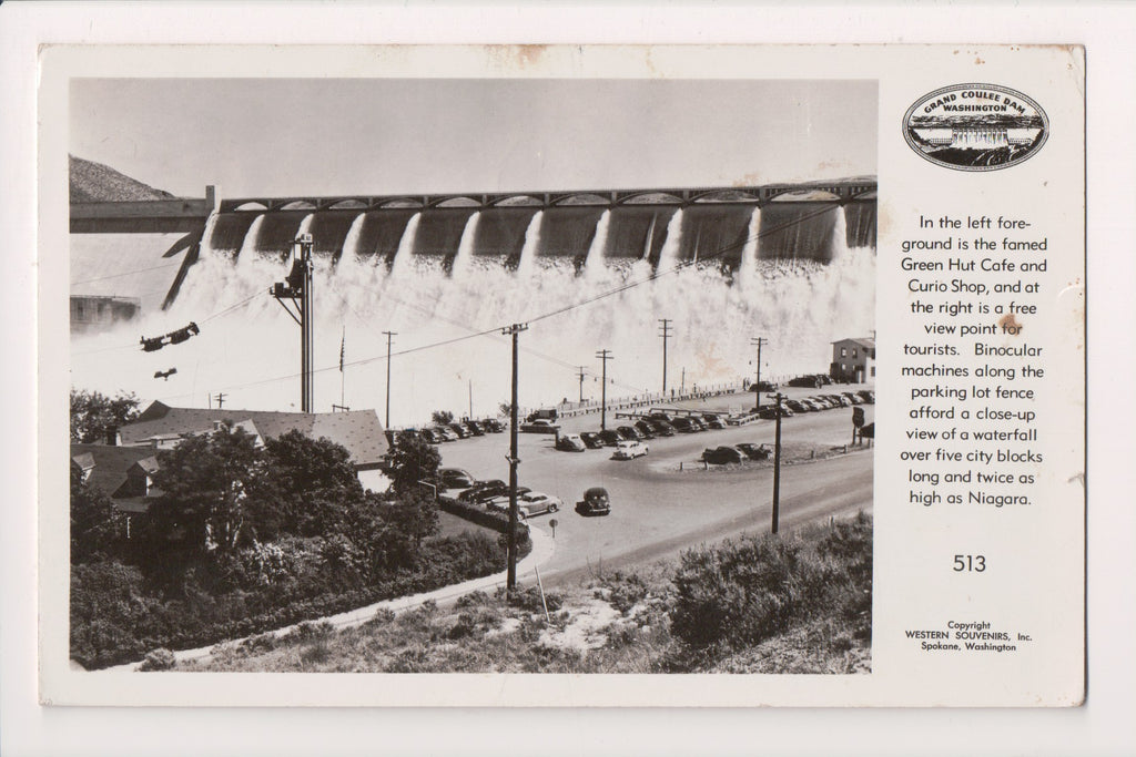 WA, GRAND COULEE DAM - Green Hut Cafe, dam, parking - RPPC - G17191