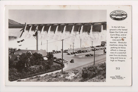 WA, Grand Coulee Dam - Green Hut Cafe, dam, parking - RPPC - G17191