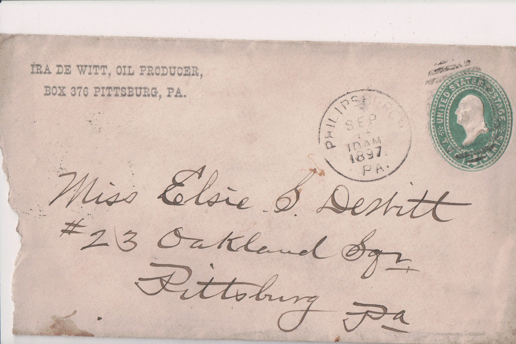PA, Pittsburg - Ira De Witt, Oil Producer 1897 envelope and note - G18030