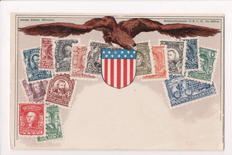 Vintage Patriotic Postcard - Eagle, US flag shield, old US Stamp images - CP0298